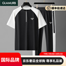 BG GLAMURB奢侈品牌冰丝速干两件套撞色压胶拼接男士短袖半拉链休闲运动套装 黑色【高档礼盒】 2XL