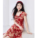 GUYN品牌高端红色碎花连衣裙女2025夏季新款优雅气质短袖修身显瘦裙子 红色花 S