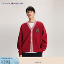 TOMMY HILFIGER男女情侣混纺刺绣宽松镶边V领红色开衫外套毛衣34196 胭脂红XMP M （推荐：135-150斤）
