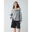 ELLE灰色格雷系格纹拼接卫衣女2026春季新款套头休闲通勤独特上衣 中灰 M