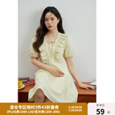 独束大码女装法式气质甜美泡泡袖连衣裙女夏装新款微胖mm高腰A字裙 香草黄 L