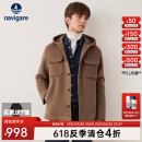 Navigare意大利小帆船纯羊毛呢大衣男秋冬季百搭保暖连帽外套休闲简约上衣 焦糖色 L 码