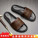TOP GLORIA拖鞋男真皮一字拖鞋夏天凉拖鞋外穿室外防臭防滑耐磨潮牌男式沙滩 棕色 38