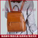 POLOJUOS轻奢品牌女士双肩包女时尚新款学院风真皮包百搭油蜡牛皮背包 土黄色