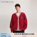 TOMMY HILFIGER男女情侣混纺刺绣宽松镶边V领红色开衫外套毛衣34196 胭脂红XMP M （推荐：135-150斤）