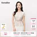 珂莱蒂尔2025夏季新款蕾丝V领短袖上衣女优雅系带收腰设计感衬衫 淡橙 L