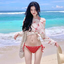 南木熊比基尼泳衣女分体罩衫三件套泡温泉泳衣性感沙滩海边度假泳装 红色比基尼三件套【75-120斤】