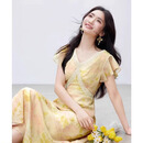 GUYN品牌高端V领蕾丝拼接连衣裙女2025夏季新款优雅气质收腰碎花裙 粉色花 S