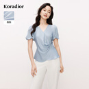 珂莱蒂尔2025年夏季新款醋酸面料褶皱设计感短袖雪纺衬衫女优雅上衣 淡群青 XL