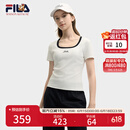 FILA 斐乐官方小狐狸女装针织短袖2025夏新款时尚休闲简约修身U领T恤 云菇白-WT M 165/84A/M