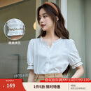 茵曼（INMAN）田园木耳边短袖衬衫女2025夏季文艺绣花时尚纯棉舒适衬衣 霜白色 M