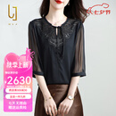 OLJ高档品牌真丝T恤女2025年夏季新款时尚刺绣中袖气质桑蚕丝上衣 黑色 XL （建议130斤以内）
