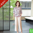 GUYN杭州重磅桑蚕丝妈妈新中式夏装真丝短袖套装中老年夏季时尚两件套 粉紫色 XL 90-105斤