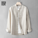 BG GLAMURB轻奢品牌男装纯亚麻长袖衬衫男士立领薄款透气宽松麻料衬衣 亚麻色 L (120~140斤)