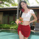 OMOM泳衣女新款碎花比基尼四件套性感小清新分体显瘦温泉度假 红色M