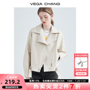 VEGA CHANG机车皮衣女2025年秋季西装领BF风帅气pu皮夹克短外套ins潮 米杏色 M