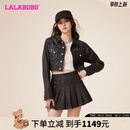 拉拉波波成梦鑫同款LALABOBO新款翻领字母女时尚短款复古牛仔夹克机车外套 黑牛仔 常规 M 