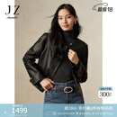 玖姿·安娜蔻通勤休闲简约圆领羊皮革真皮短款皮衣女装2024冬款 素黑 M