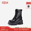 艾今（IIJIN）2025春夏新款10cm厚底内增高超轻真皮网纱拼接马丁靴女744NTC 黑色 34