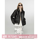 付智恩南城旧巷 复古绵羊皮飞行员皮夹克真皮皮衣外套女2024春秋 黑色 S