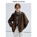 VEGA CHANG春秋季皮衣外套女2025年新款复古旷野美拉德外套 机车棕 M