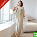 GUYN杭州桑蚕丝妈妈夏装真丝小衫短袖套装中老年夏季气质两件套 米色 XL 90-105斤
