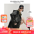 朗姿【意大利设计】冬季新款连帽撞色设计感气质皮衣外套女 黑色 XL