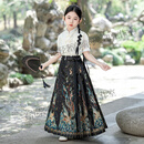 GUYN马面裙女童2025新款夏套装新中式中国风上衣儿童汉服夏季演出服 凤鸣岐山黑色+豆蔻上衣短袖 110