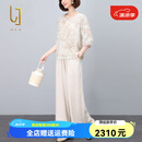 OLJ轻奢品牌套装女2025年夏季新款复古提花时尚减龄上衣裤子两件套 裸粉 XL
