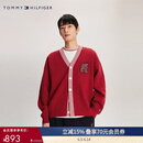 TOMMY HILFIGER男女情侣混纺刺绣宽松镶边V领红色开衫外套毛衣34196 胭脂红XMP M （推荐：135-150斤）