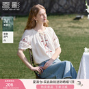 香影度假民族风天丝白色上衣女2025夏装新款樱桃刺绣v领系带上衣 米白 M 160/84A/95-110斤