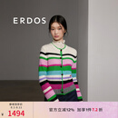 ERDOS 春夏圆领绒毛混纺镂空彩虹条纹多巴胺轻减龄女开衫针织衫 翠绿 L 165/88A