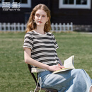 香影流苏条纹黑色t恤女短袖2026夏装新款宽松休闲风正肩圆领上衣 黑色 M 160/84A/95-110斤