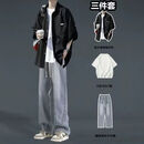 星宿摇（xingsuyao）日系衬衫男士套装夏季外套宽松短袖衬衣一套搭配男生高级感三件套 黑色衬衫+短袖白+牛仔裤蓝色 XL