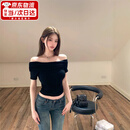 JIOESC纯欲风一字肩上衣女秋2025夏季设计感小众紧身显瘦不规则 短袖款黑色 均码 （建议90-120斤）