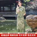 SGJ轻奢品牌女士旗袍女新中式复古印花中袖改良版女连衣裙日常可穿 绿色 S