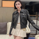 语依蔻早秋新款机车风皮衣女式小个子短款真皮外套高级感进口绵羊皮夹克 黑色 L
