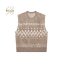 鄂尔多斯1980秋冬羊绒拉绒圆领费尔岛提花女纯羊绒针织背心 深原绒色 M 160/84A