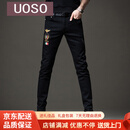 UOSO春季黑色徽章刺绣牛仔裤男潮牌修身小脚潮流休闲春季裤子男士 黑色 28