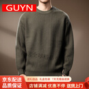 GUYN高端品牌拼接圆领毛衣男夏季新款宽松保暖毛衫长袖针织衫 军绿 军绿 M 适合100-120斤