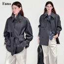 fano studios范洛Fano 都市摩登轻盈垂感经典插肩袖双排扣短风衣外套女2025秋 花灰色第二批 S
