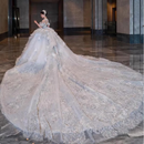 闪动少女（SHANDONGSHAONV）婚纱新娘主纱2025一字肩婚纱新娘2025新款主纱高质感重工 蓝色拖尾 2XL