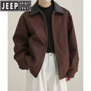 JEEP SPIRIT痞帅Pu皮衣小众设计感潮牌双拉链垫肩皮夹克男机车服秋冬高街外套 咖啡色 M (90-110斤)