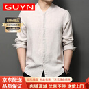 GUYN品牌男装纯亚麻长袖衬衫男春夏季V领中国风透气衬衣 浅卡其 M 170