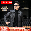 GUYN男装品牌真皮皮衣男秋冬油蜡牛皮修身翻领夹克休闲外套 黑色 黑色 M 165适合100-115斤