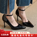 KLWP凉鞋女法式尖头细跟高跟单鞋女新款真皮职业浅口不累脚侧空凉鞋 黑色【跟高9CM】  34