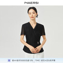 娜尔思（NAERSI）【精简通勤】V领简约修身短袖上衣女2025年夏季新款 黑色 2XL