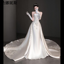 圣娜妮斯婚纱新娘主纱重工高定拖尾新款抹胸缎面鱼尾礼服2026法式大夏 白色小拖尾 (头纱手套) S 90斤左右