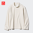 优衣库童装女童HEATTECH罗纹条纹高领T恤长袖暖三宝内搭474570 01 乳白色 130