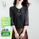 OLJ高档品牌真丝T恤女2025年夏季新款时尚刺绣中袖气质桑蚕丝上衣 黑色 XL （建议130斤以内）
